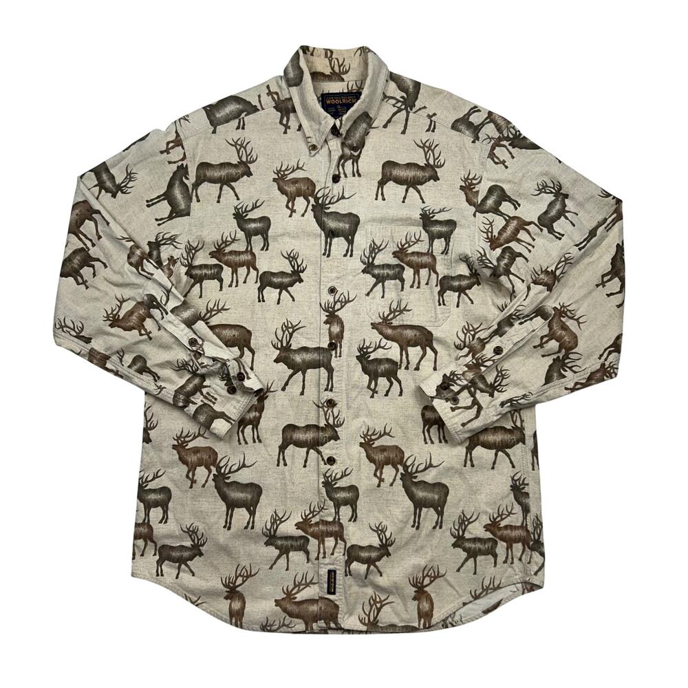 Vintage 90s Wool Rich Shirt Mens XL Ivory Deer Print Cotton Flannel Button Down